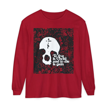 To Live is Christ To Die is Gain (Phil 1:21) | Skull with Cross on Red Floral Texture | Orthodox Christian Long Sleeve Shirt