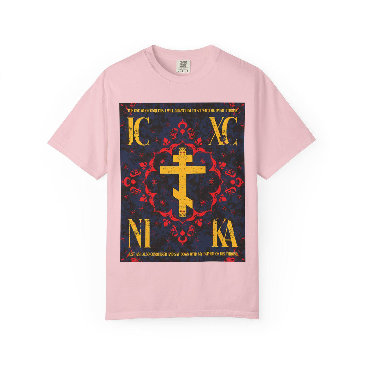 The Blossom-colored IC XC NIKA Orthodox Cross Heavyweight Cotton Unisex T-Shirt features a medieval floral design and a striking central cross, inspired by Revelation 3:21—symbolizing the victory of grace and faith.