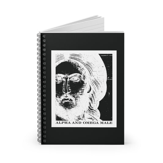 A black spiral notebook featuring a white, stylized face and "Alpha & Omega Male" with "I am the Beginning & the End (Rev 22)"—perfect for those inspired by the Christian faith.