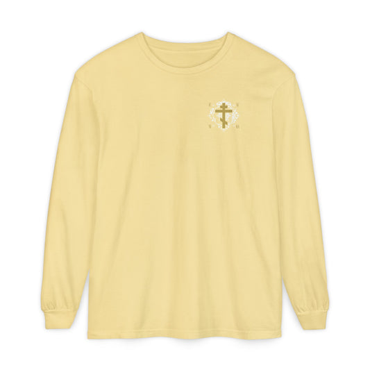 Gold Orthodox Cross ICXC NIKA  (Small Design) | White Medieval Ornate Floral Pattern | Jesus Christ Conquers | Christian Long Sleeve