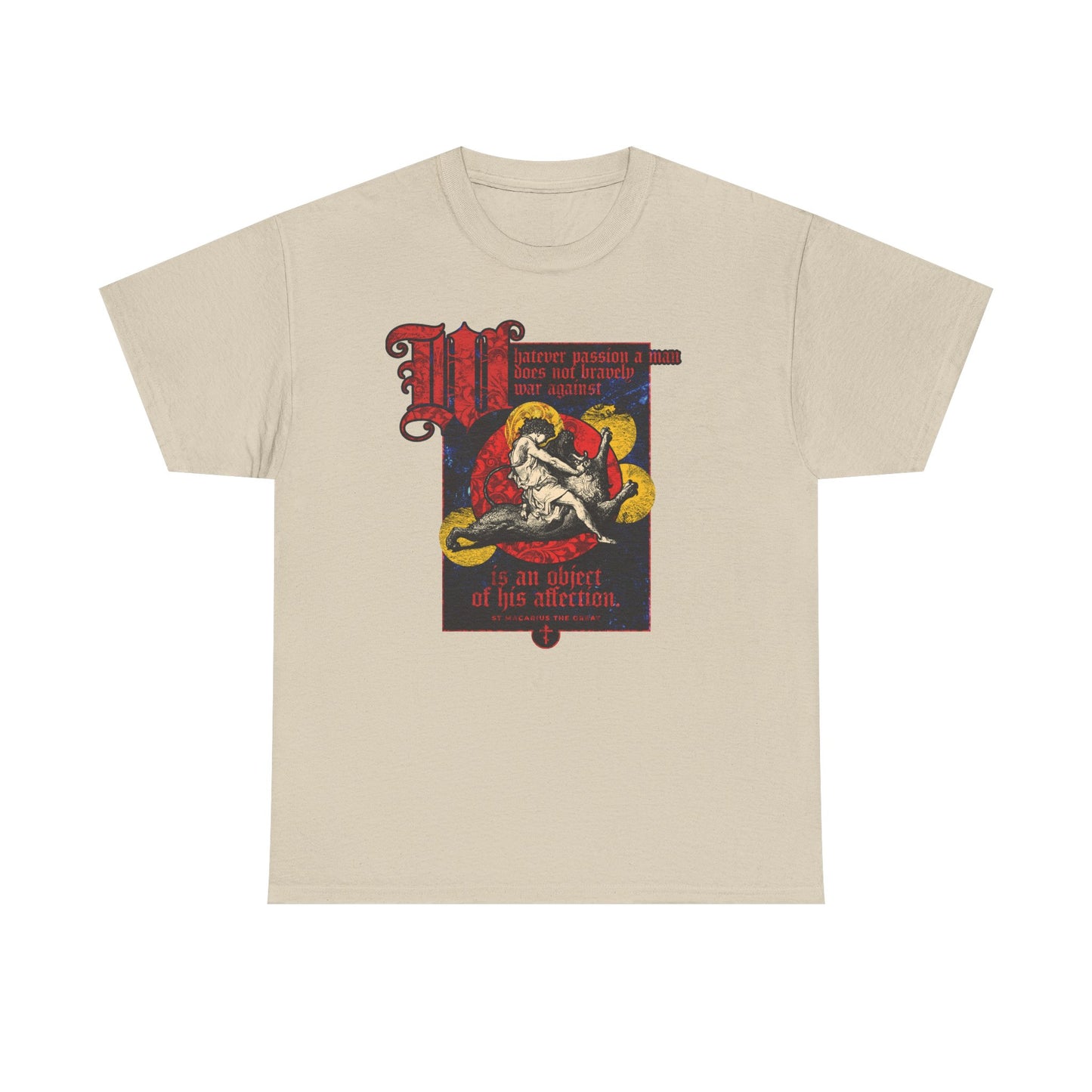 Sand midweight cotton unisex t-shirt featuring St Macarius and Gustav Doré’s "Samson Slaying Lion" artwork, with red gothic text, depicting a seated figure and a gold dragon to evoke themes of earthly cares and power.