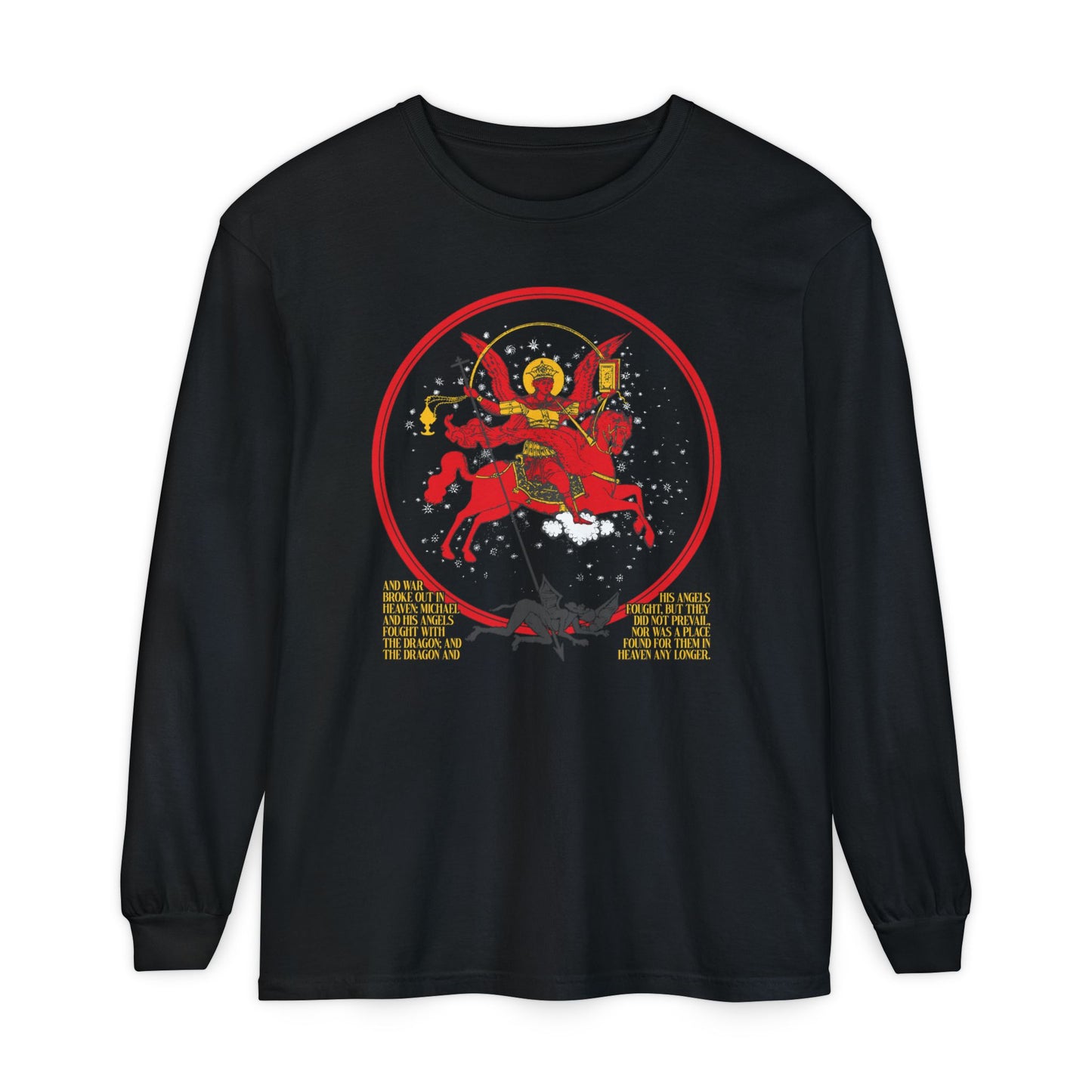 Black cotton long-sleeve shirt featuring the Archangel Michael of the Apocalypse graphic (Rev 12:7-9), depicting Michael and angels casting out Satan, with stars and Orthodox Christian iconography.