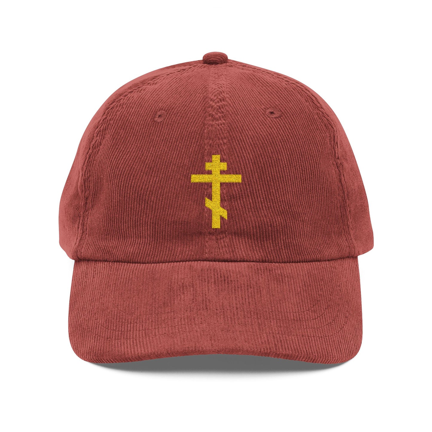 A red cotton corduroy cap with a simple yellow Orthodox TriBar cross embroidered on the front—known as the Weapon of Unseen Warfare which makes demons tremble. Perfect for Orthodox Christian believers.