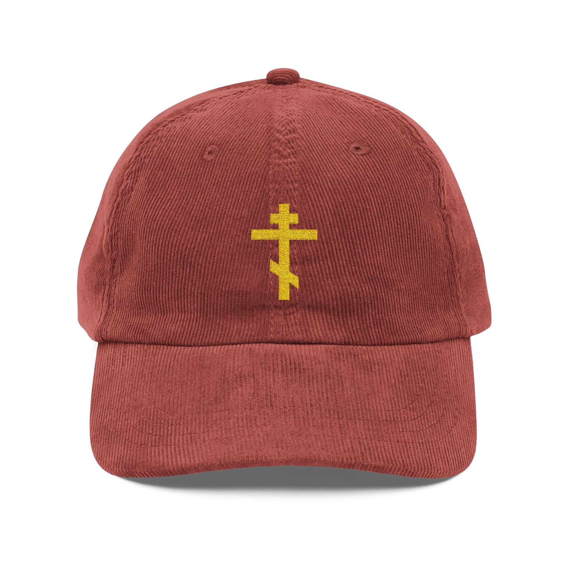 A red cotton corduroy cap with a simple yellow Orthodox TriBar cross embroidered on the front—known as the Weapon of Unseen Warfare which makes demons tremble. Perfect for Orthodox Christian believers.