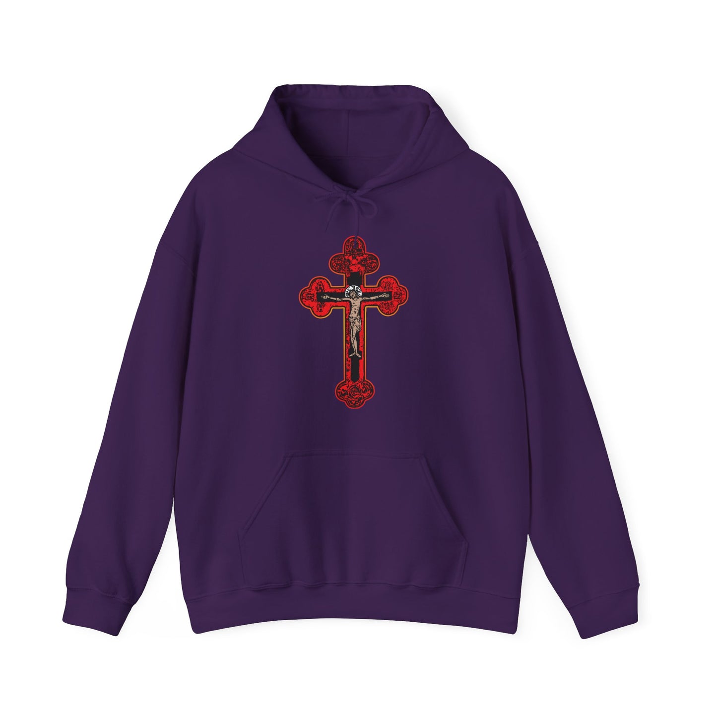 Purple “Red Orthodox Christian Crucifix” hoodie features a large Byzantine Golgotha Cross design with Alpha & Omega, inspired by being crucified with Christ (Isaiah 53:3-5).