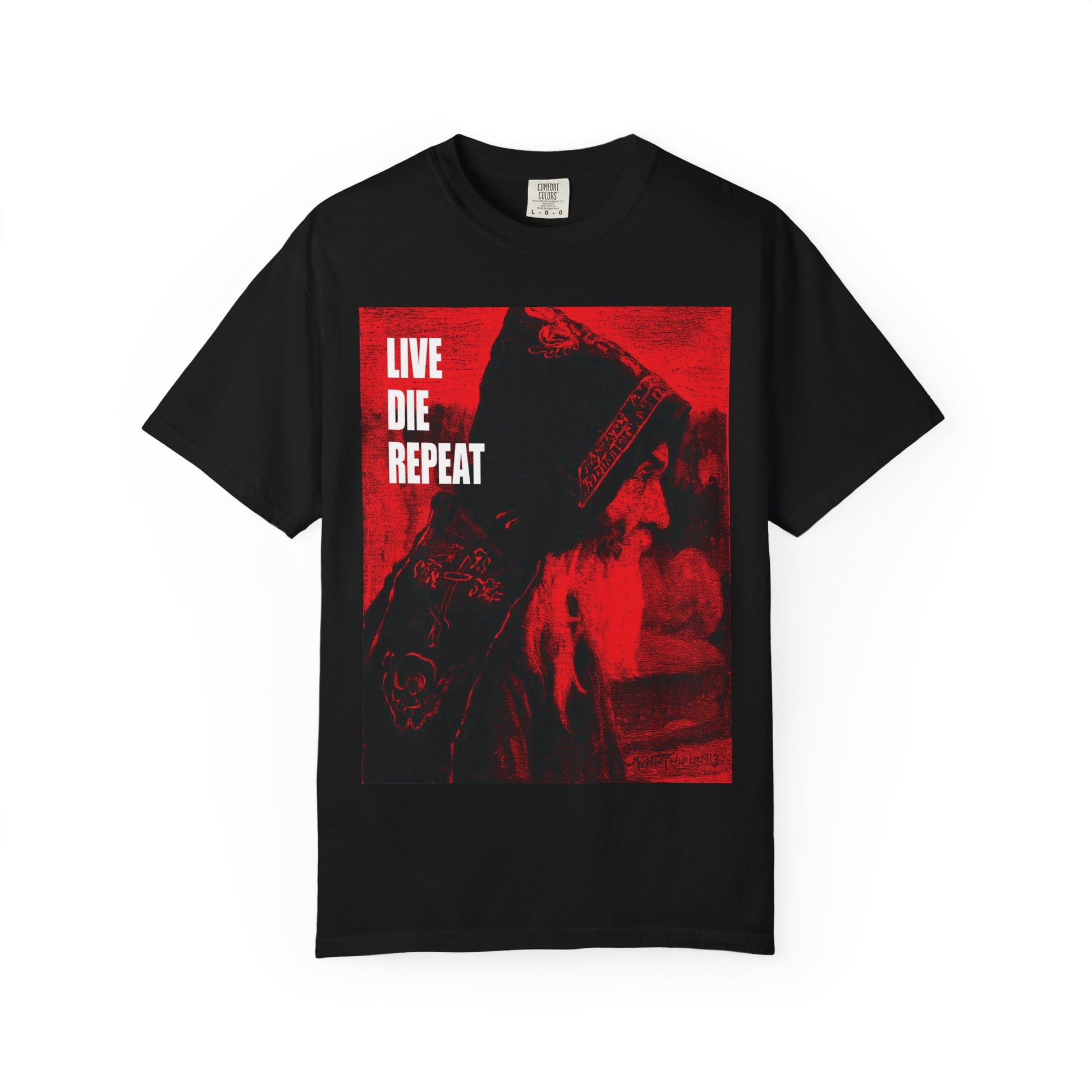 Black heavyweight cotton unisex tee featuring Mikhail Nesterov’s Orthodox Monk art and white "LIVE DIE REPEAT" text—an ascetic, inspirational design encouraging you to live forever in spirit.