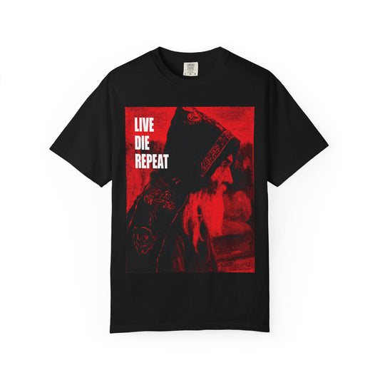 Black heavyweight cotton unisex tee featuring Mikhail Nesterov’s Orthodox Monk art and white "LIVE DIE REPEAT" text—an ascetic, inspirational design encouraging you to live forever in spirit.