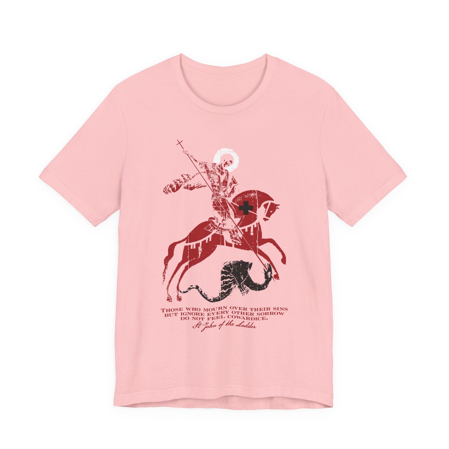 Pink “Those Who Mourn Over Their Sins” t-shirt featuring an iconographic graphic of St George slaying the dragon, with text inspired by St John Climacus and his teachings on mourning according to God. Orthodox Christian lightweight cotton unisex tee.