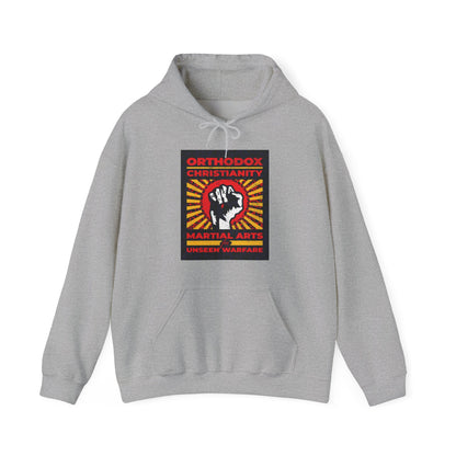 Orthodox Christianity: Martial Arts for Unseen Warfare | NIKA Jesus Fist on Colorful Sunburst Design | Orthodox Christian Hoodie