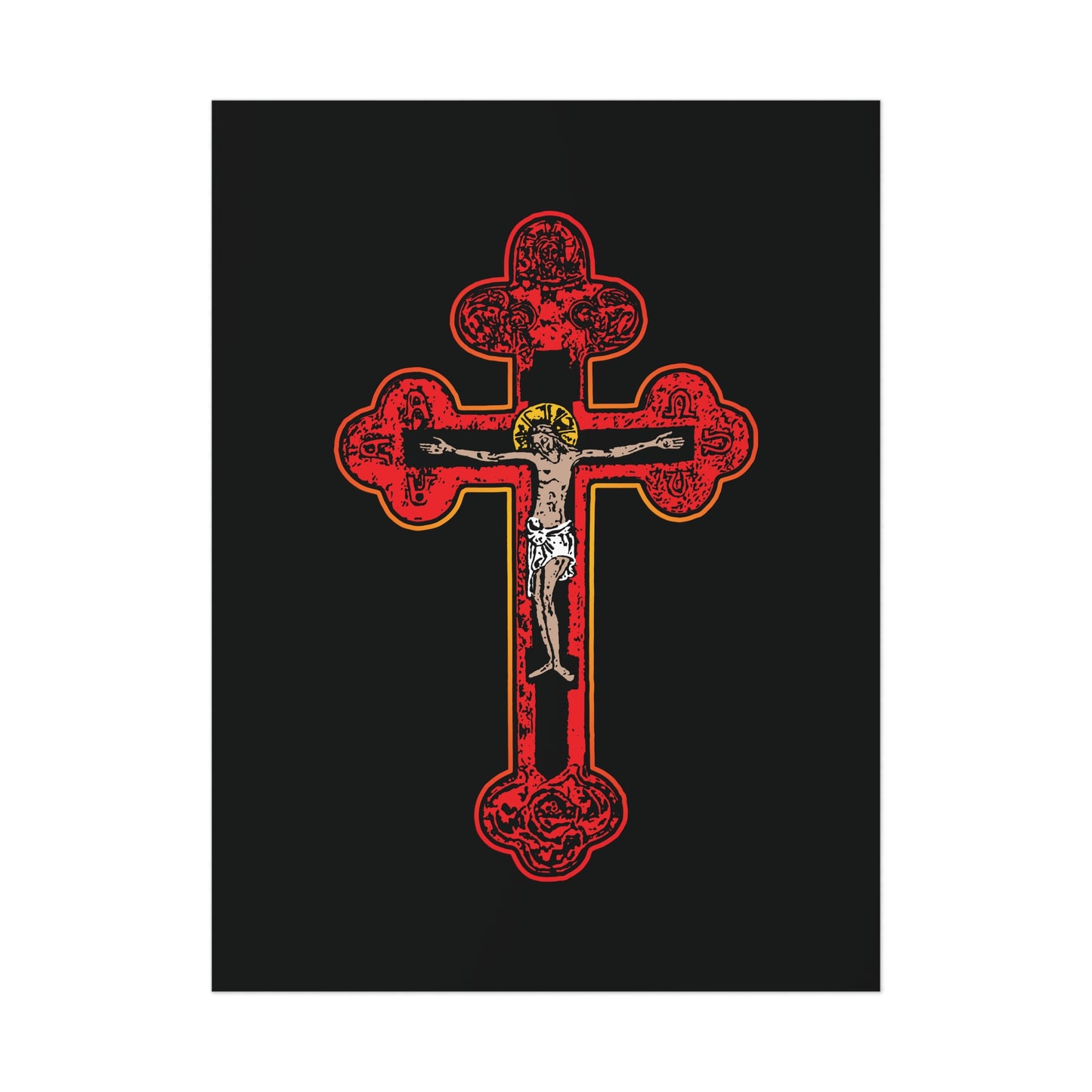 Red Orthodox Christian Crucifix | Byzantine Golgotha Cross | Alpha & Omega | I Am Crucified With Christ | Orthodox Art Poster