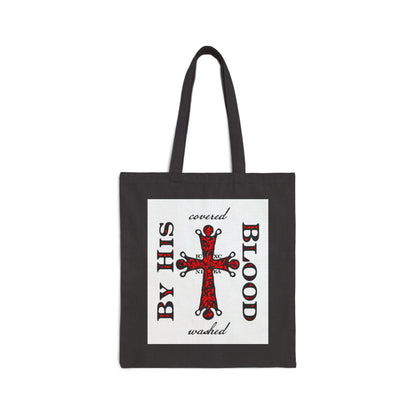 Washed/Covered By His Blood (1 John 1:7) | ICXC NIKA Ornate Red Orthodox Cross | Orthodox Christian Cotton Canvas Tote Bag