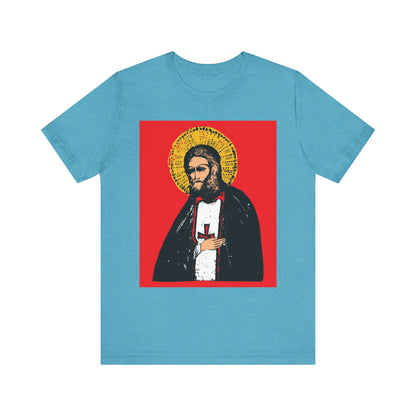 Heather Aqua unisex cotton tee with St. Seraphim of Sarov icon and quote, "True Aim of Christian Life is Acquisition of the Holy Spirit," printed on both sides. Lightweight, Orthodox faith-inspired apparel.