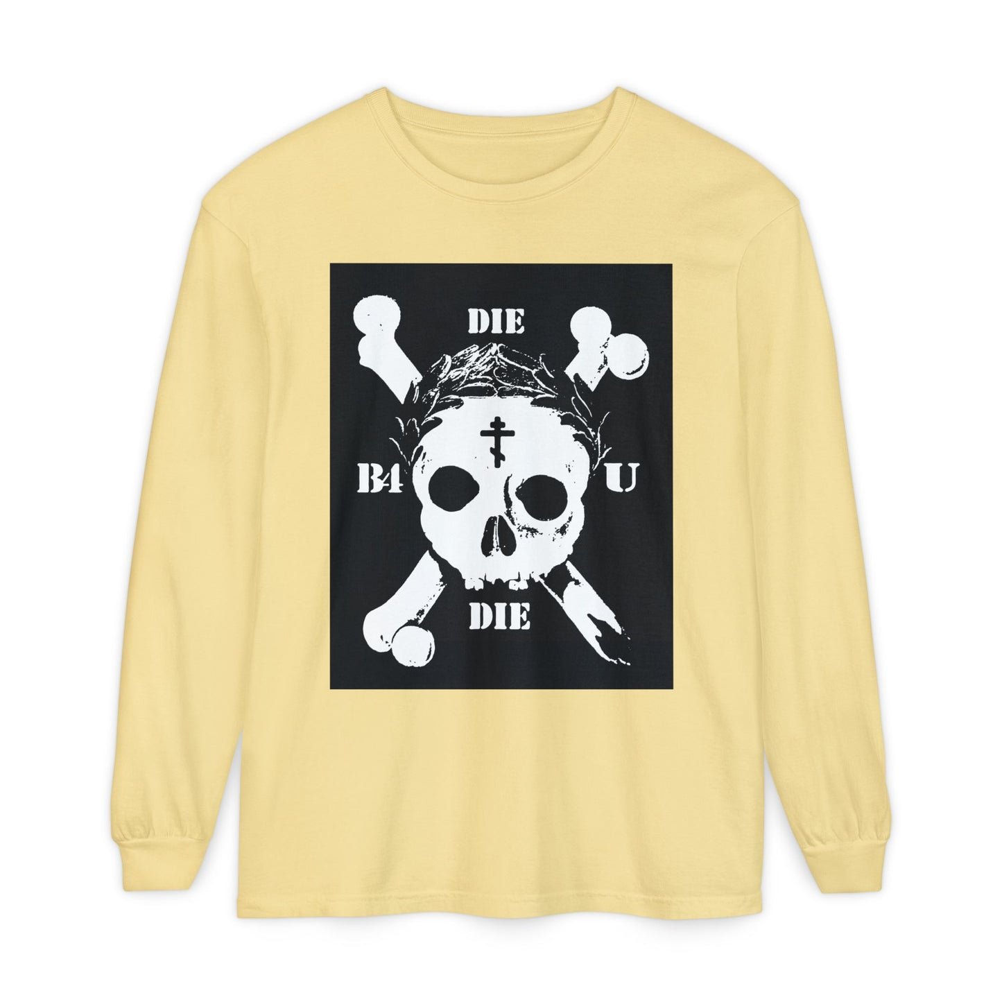 Die Before You Die" long sleeve in butter: Retro skull & crossbones, Orthodox cross, laurel victory wreath, and “Memento Mori” design—ascetic Christian wear inspired by Matthew 16:24-25 and bold conviction.
