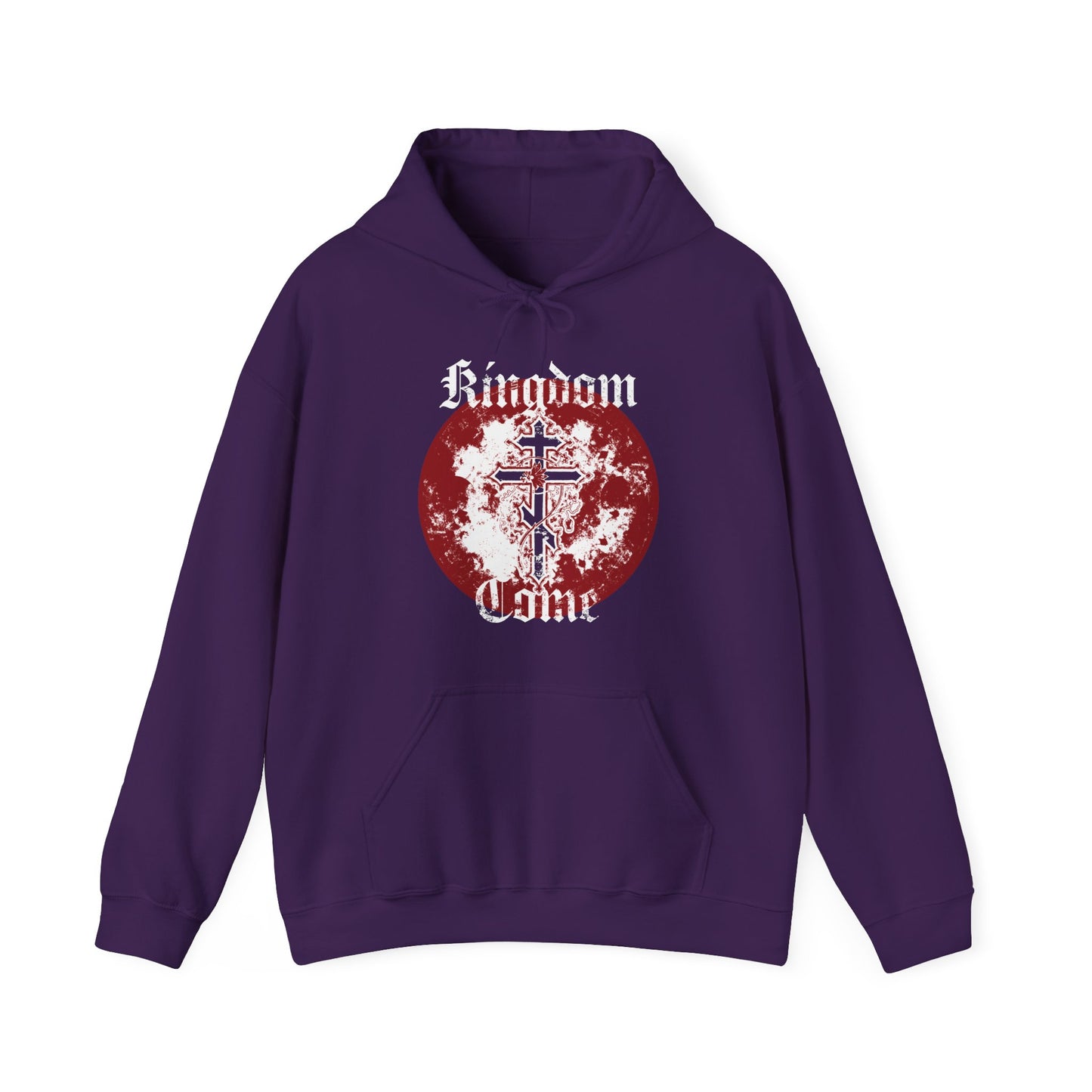 Purple hoodie featuring an ornate Orthodox cross with vine and “Kingdom Come” in textured Gothic font—an inspired nod to the Lord’s Prayer.