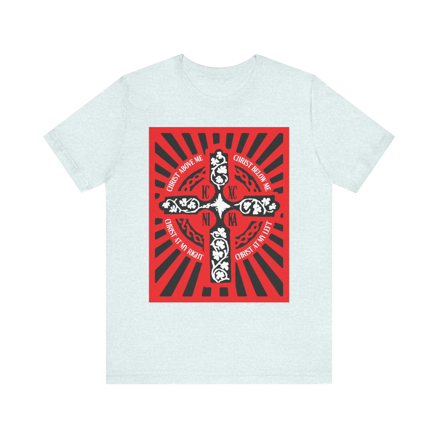 Heather ice blue unisex lightweight cotton tee featuring a red ICXC NIKA Enniskillen Celtic cross design with text radiating outward on the front, inspired by the Lorica of St. Patrick—a classic Orthodox Christian shield prayer and Celtic blessing.