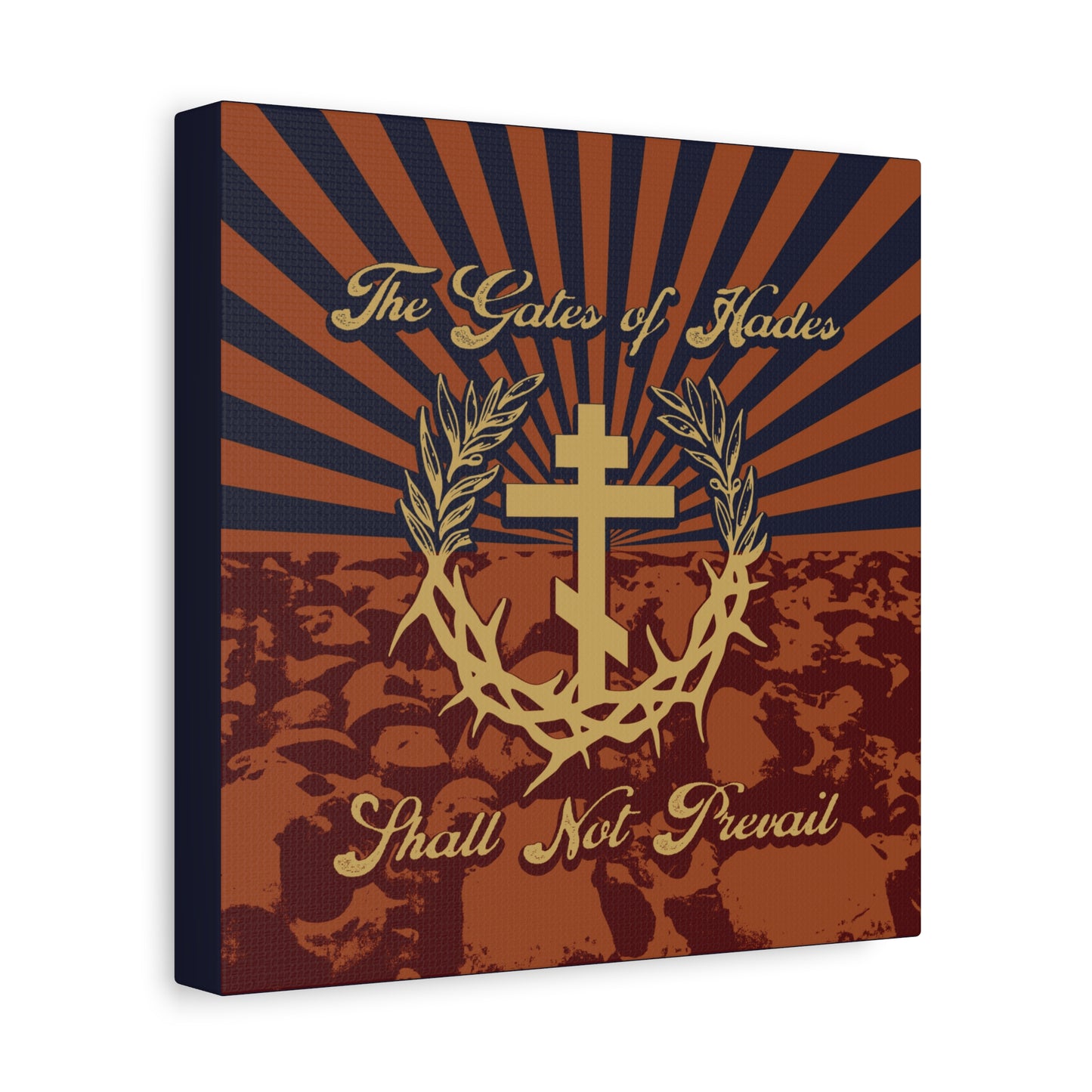 The Gates of Hades Shall Not Prevail | Cross with Wreath & Crown of Thorns | Skulls and Rays | Orthodox Christian Canvas Art