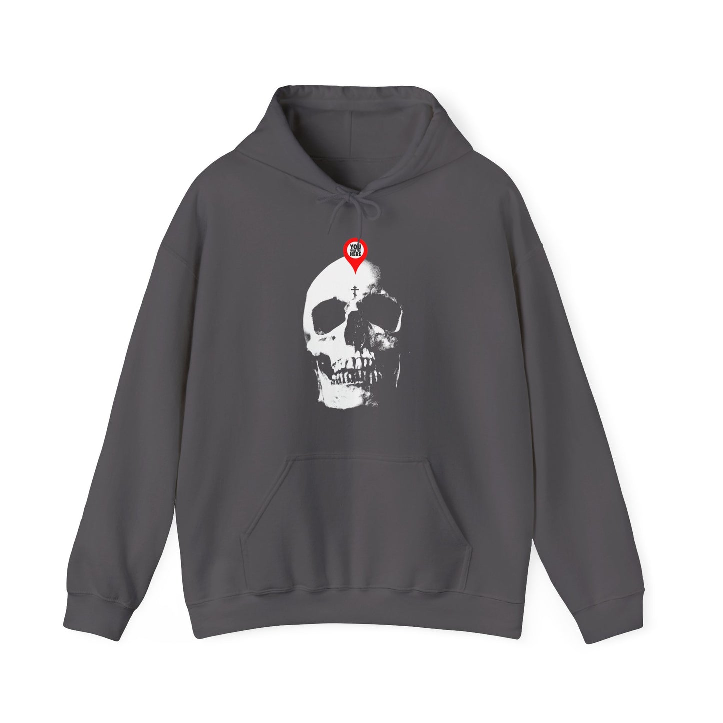 Charcoal hoodie featuring a bold white skull with a red map marker on the forehead, inspired by Orthodox Christian memento mori—“You Will Be Here Maps Marker on Skull Design.” A reminder of mortality and spiritual reflection.