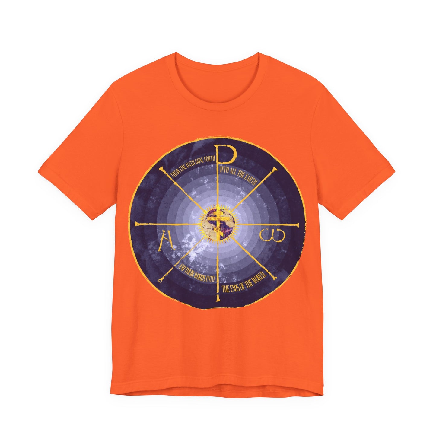 Geocentric Cross & Chi Rho | Alpha & Omega | Blue and Yellow Design | Medieval Style Graphic | Orthodox Christian Cotton T-Shirt