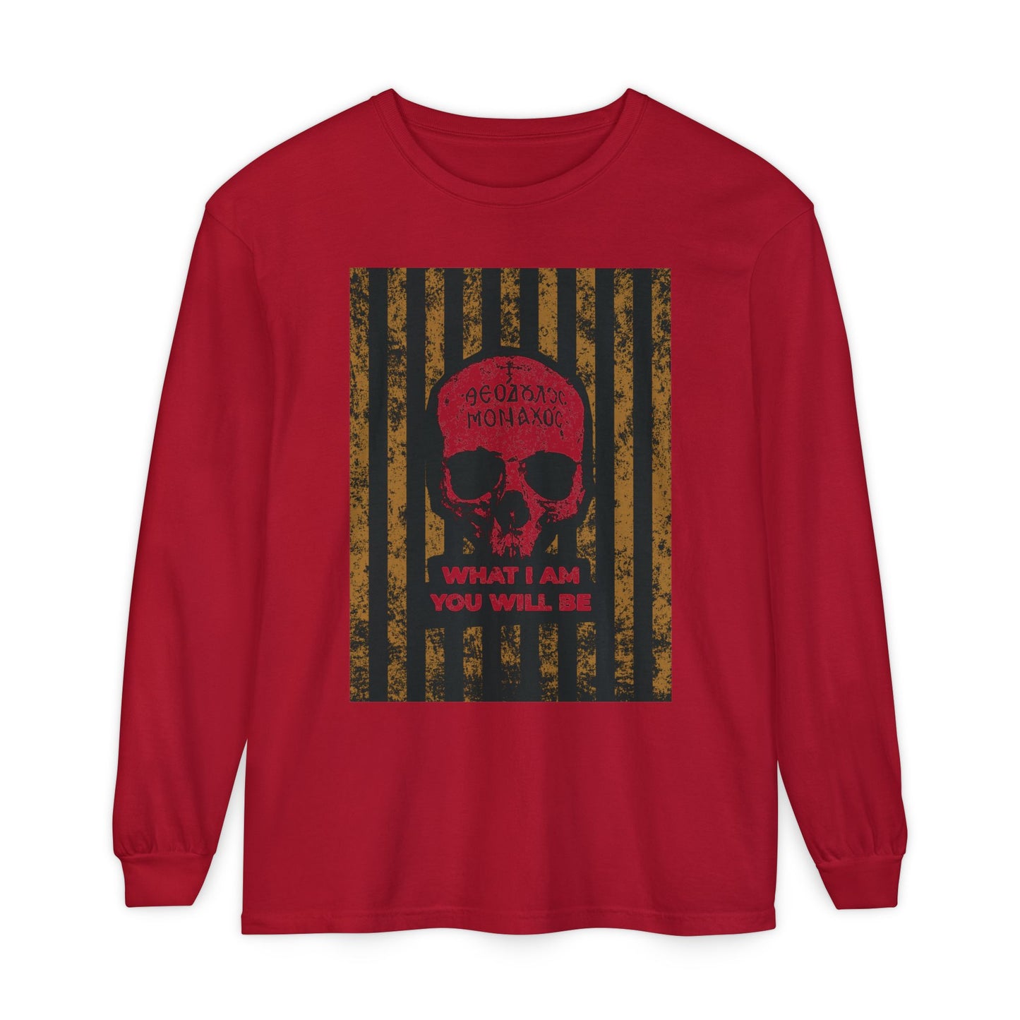 Red long-sleeve cotton shirt featuring a distressed skull graphic and “What I Am You Will Be” text, inspired by Memento Mori and Mt Athos ascetic ethos.