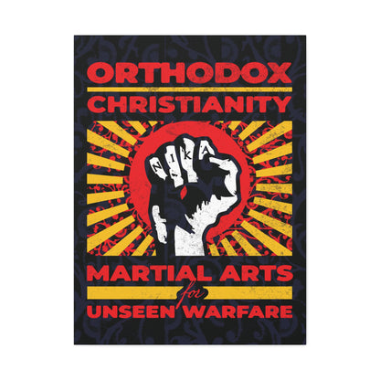 Orthodox Christianity: Martial Arts for Unseen Warfare | NIKA Jesus Fist on Colorful Sunburst Design | Orthodox Christian Canvas Art