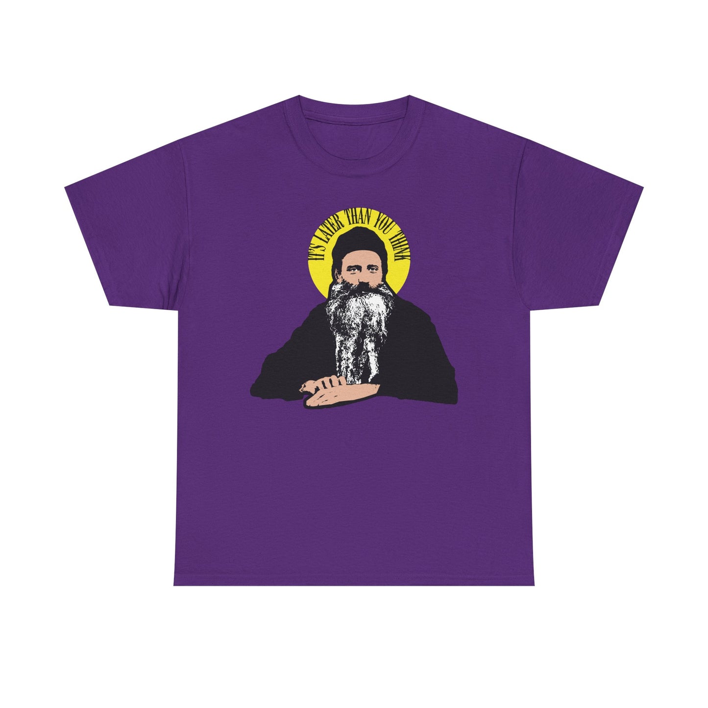 Purple t-shirt featuring "It's Later Than You Think"—a Fr Seraphim Rose quote in a yellow halo, honoring the modern American Orthodox saint. Heavy cotton, Christian apparel in vibrant purple.