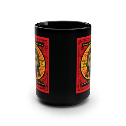 The Remembrance of Death "Made Without Hands" black ceramic mug features a bold red, black, and yellow graphic of Jesus Christ in an Orthodox icon style, with the design appearing twice. Inspired by our popular Troparion t-shirt.