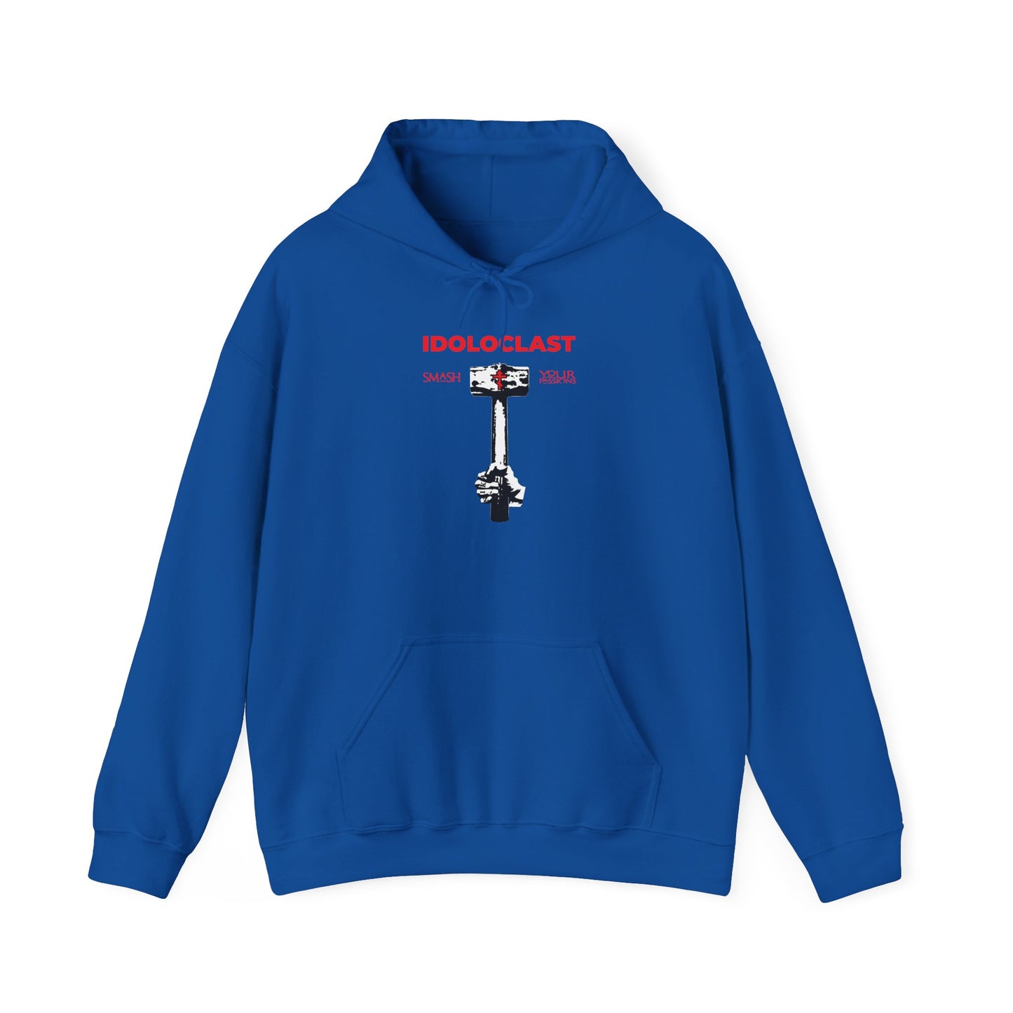 Royal "Idoloclast Idol-Smasher" hoodie featuring a striking graphic of Jesus’ fist gripping a sledgehammer, with red "IDOLOCLAST" text above—a bold tribute to Orthodox Christian asceticism and St. Macarius of Optina’s battle against the eight passions.