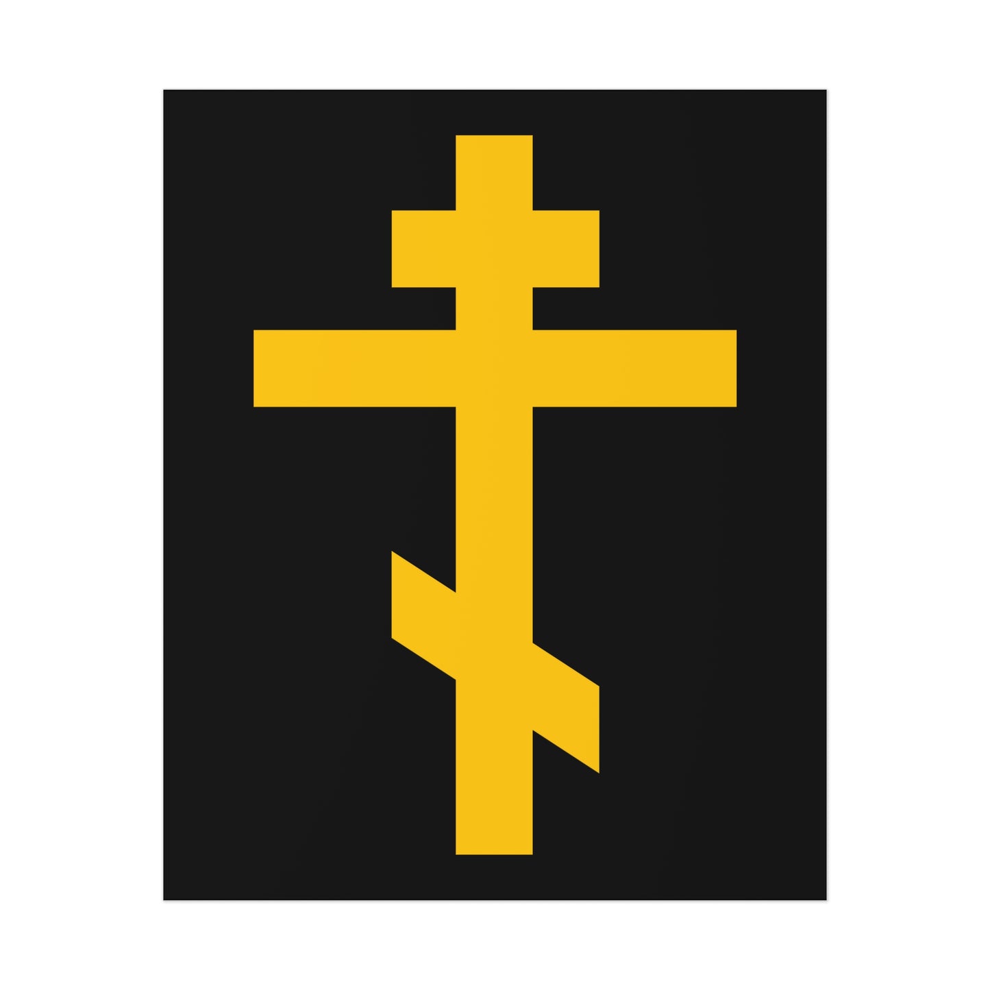 The Yellow Orthodox Cross Black Background poster features the precious and life-giving weapon of unseen warfare, a scourge of demons in Orthodox art.
