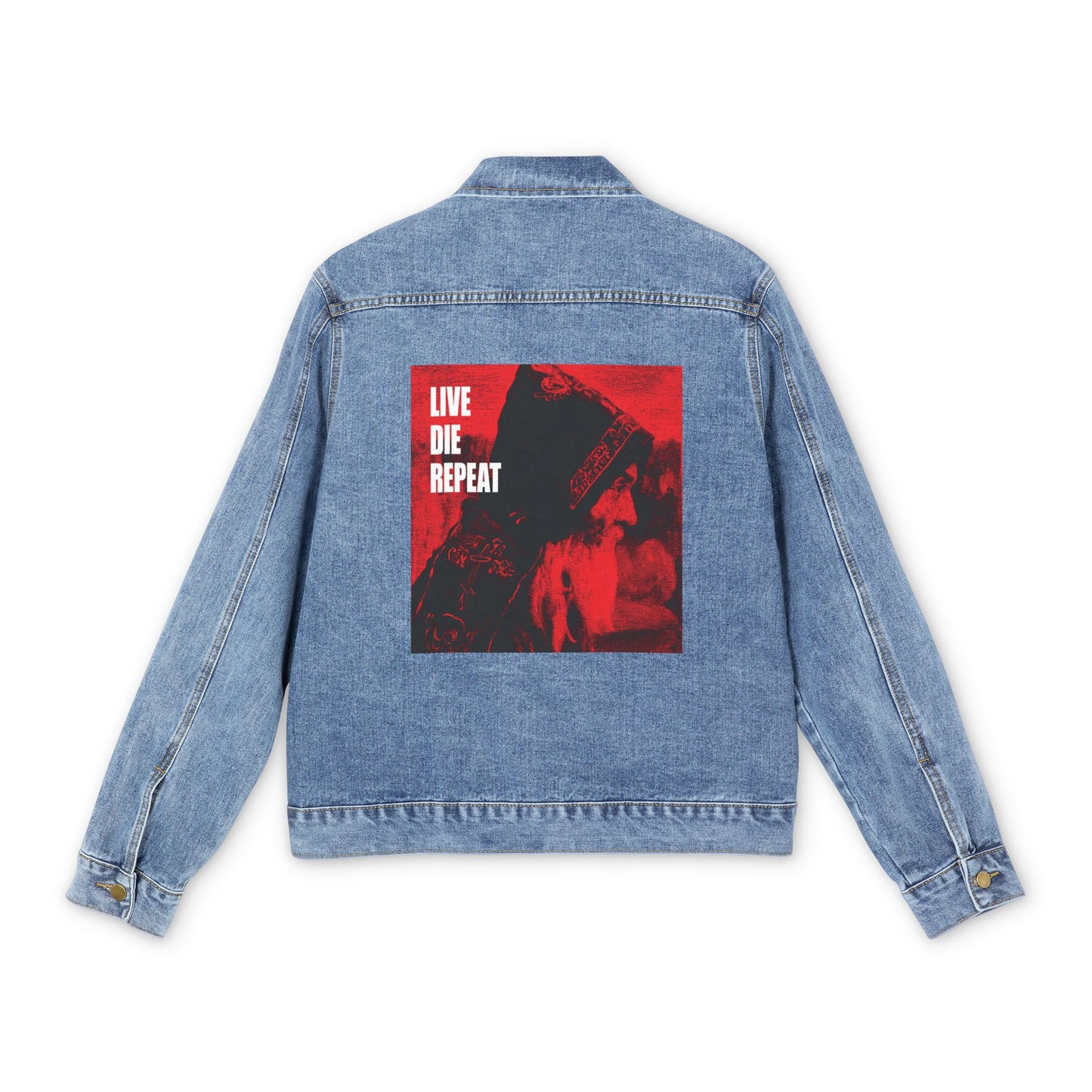 Medium denim wash jacket featuring a large red and black "Live Die Repeat" patch inspired by "Monk" by Mikhail Nesterov and Orthodox Christian asceticism. Text: "Die Every Day, and You Will Live Forever.