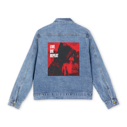 Medium denim wash jacket featuring a large red and black "Live Die Repeat" patch inspired by "Monk" by Mikhail Nesterov and Orthodox Christian asceticism. Text: "Die Every Day, and You Will Live Forever.