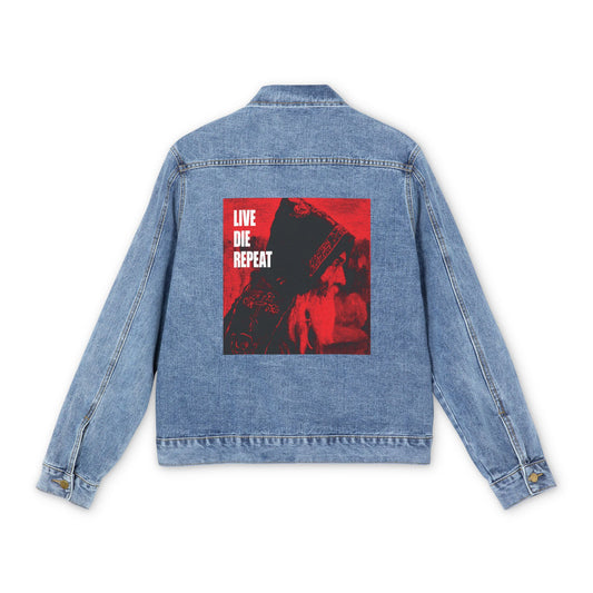 Medium denim wash jacket featuring a large red and black "Live Die Repeat" patch inspired by "Monk" by Mikhail Nesterov and Orthodox Christian asceticism. Text: "Die Every Day, and You Will Live Forever.