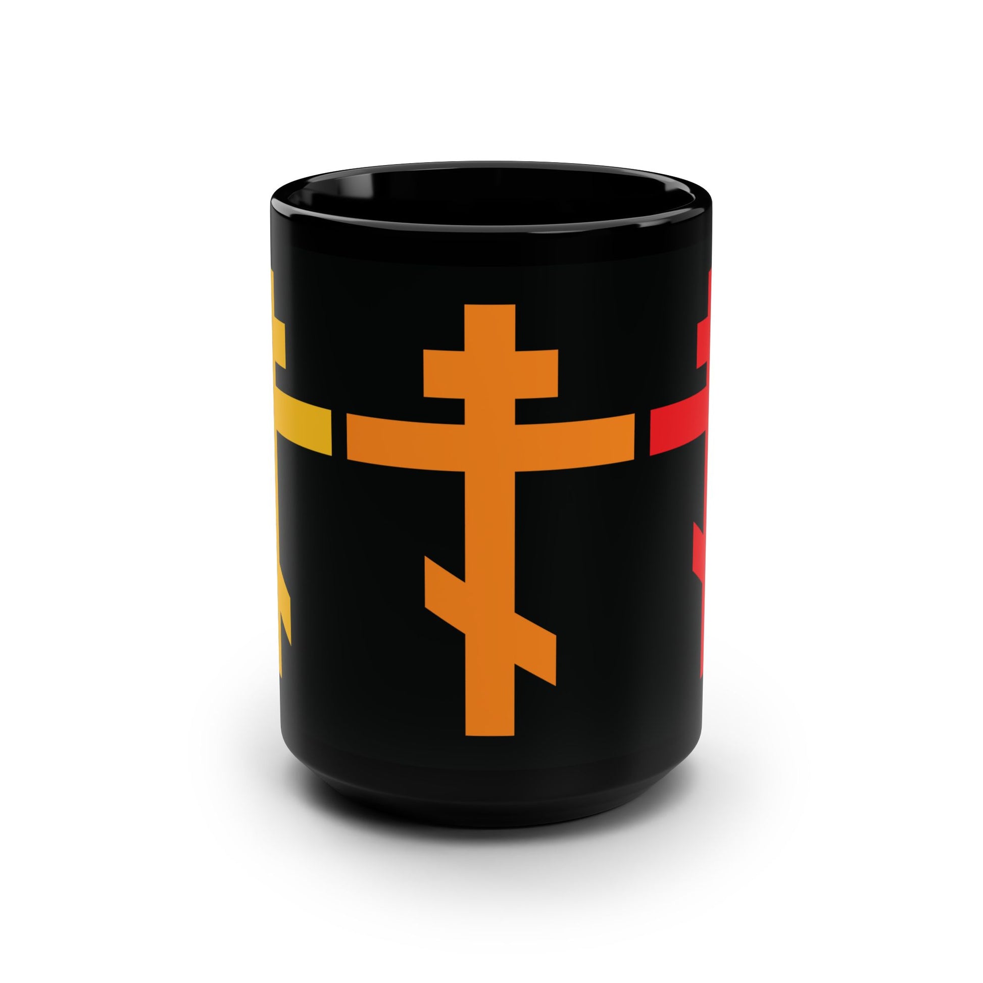 Black mug featuring yellow, orange, and red Orthodox crosses, inspired by Galatians 6:14: "May I never boast except in the cross of our Lord Jesus Christ.