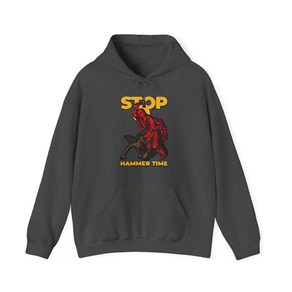 Dark hoodie with red hammerhead shark and "STOP, HAMMER TIME" in yellow, inspired by St Marina of Antioch beating the devil with a hammer. Modern Orthodox meme in red, blue, and yellow.