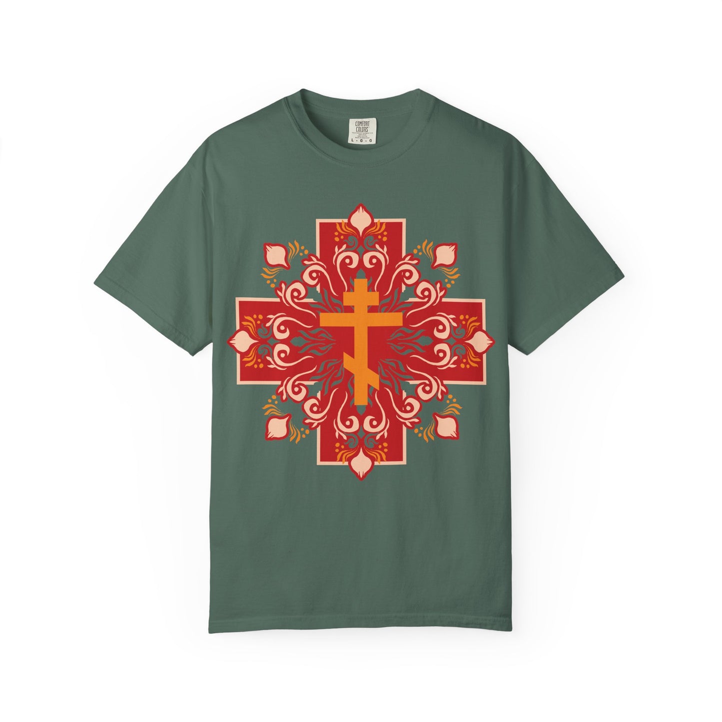Orange & Red Orthodox Cross Colorful Festive Design | By His Wounds You Have Been Healed (1 Peter 2:24) | Orthodox Heavyweight Cotton Unisex Tee
