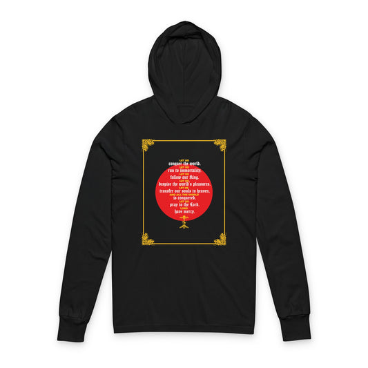 Black cotton hoodie featuring a red and yellow graphic with "Let Us Conquer the World, Let Us Run To Immortality"—inspired by John Chrysostom’s Unseen Warfare and the Orthodox ascetic tradition.
