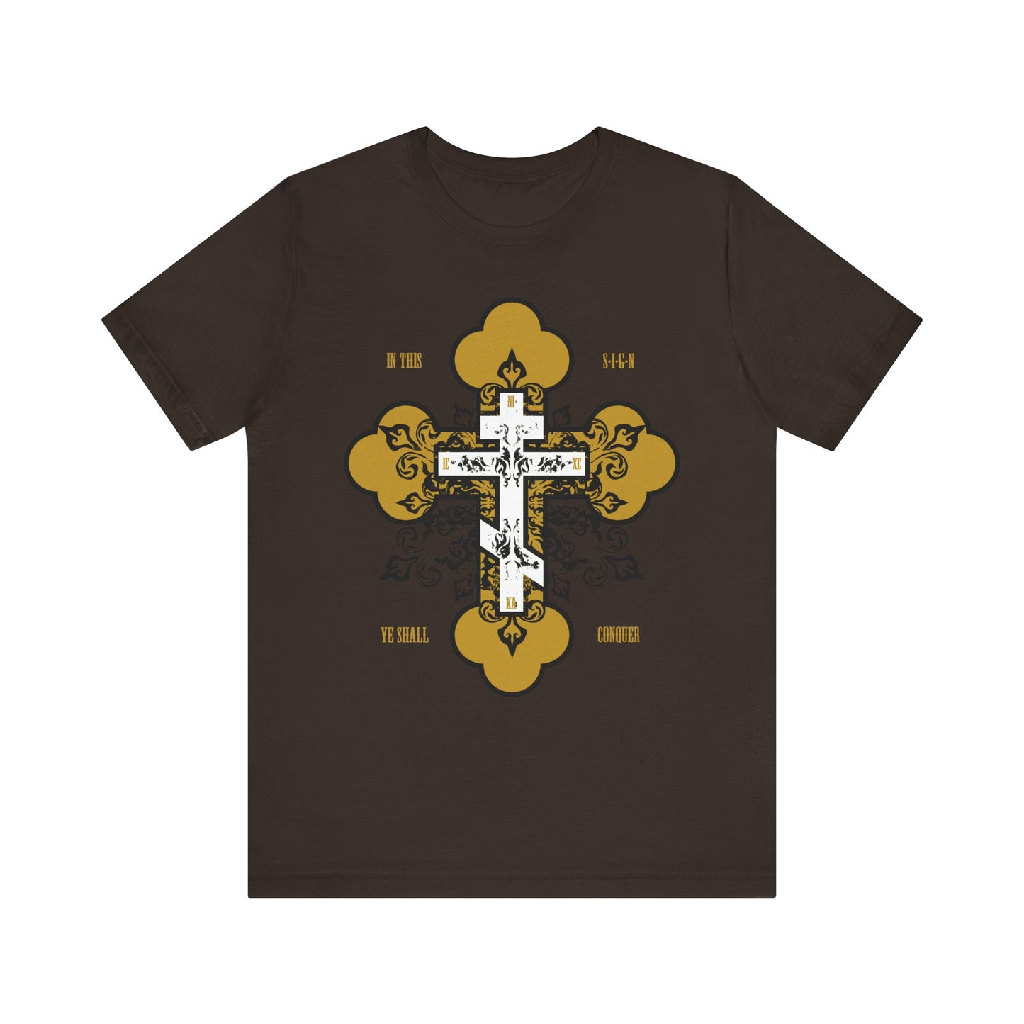 Brown lightweight cotton unisex tee featuring an ornate gold and white Orthodox cross with the words “In This Sign Ye Shall Conquer” (In Hoc Signo Vinces). Inspired by prayer and spiritual victory.