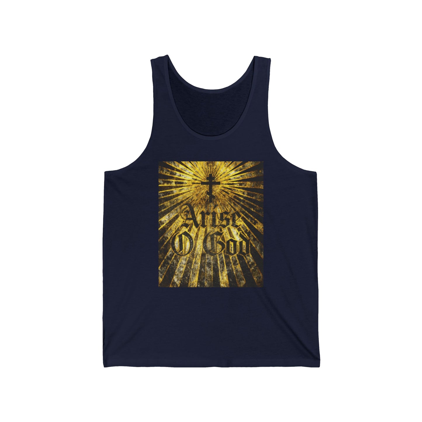 Navy tank top featuring “Arise O God” in textured Gothic font with an Orthodox cross and golden rays, inspired by Psalm 82 (LXX 81) and the Divine Council worldview. Orthodox Christian design.