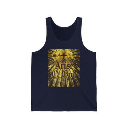 Navy tank top featuring “Arise O God” in textured Gothic font with an Orthodox cross and golden rays, inspired by Psalm 82 (LXX 81) and the Divine Council worldview. Orthodox Christian design.