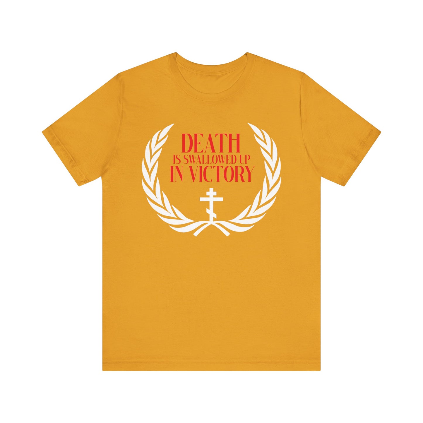 The Death is Swallowed Up In Victory t-shirt features a mustard color, Orthodox cross, victory wreath, and 1 Cor 15:54—a bold Christian reminder of incorruption and triumph over death.