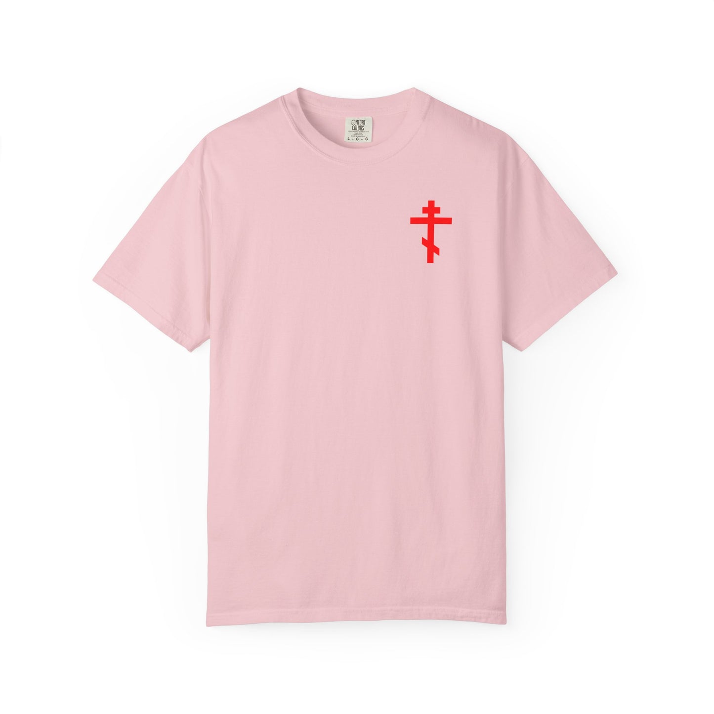 Blossom-colored heavyweight cotton unisex tee featuring a small red cross on the front left chest and inspired by St John Climacus and the Orthodox tradition of remembrance of death, with a "Crown of Thorns" design on the back.