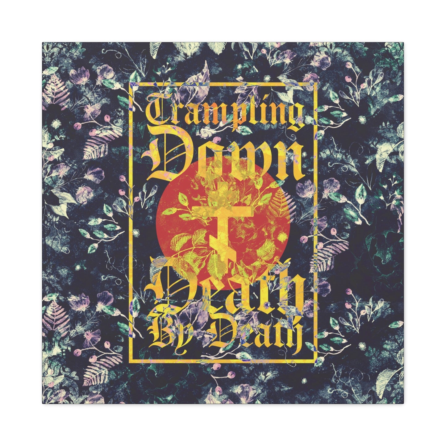Trampling Down Death By Death | Paschal Floral Design with Gothic Script and Three-Bar Cross | Orthodox Christian Canvas Art