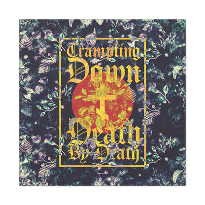 Trampling Down Death By Death | Paschal Floral Design with Gothic Script and Three-Bar Cross | Orthodox Christian Canvas Art