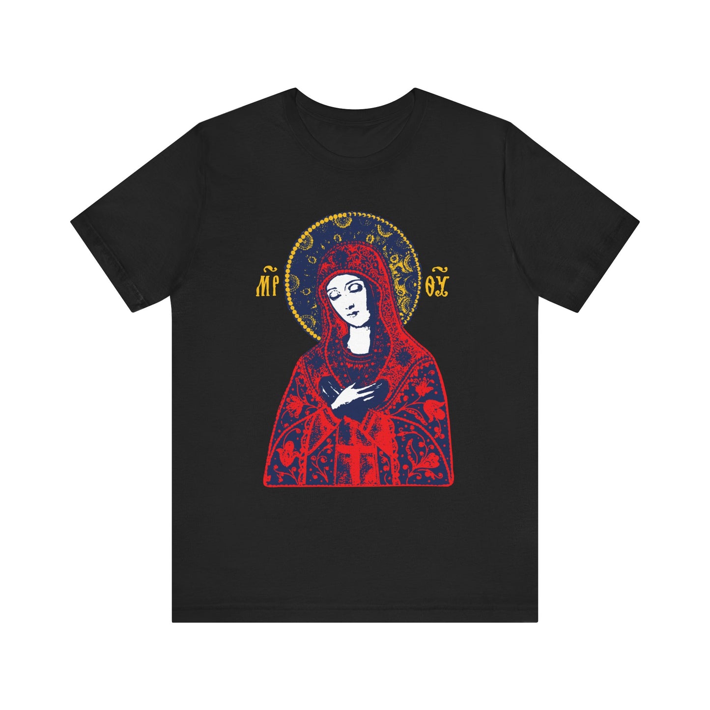 Black "Joy of All Joys Tenderness Theotokos" unisex t-shirt featuring a classic Orthodox icon-style woman in red and blue robe with gold halo, inspired by traditional Christian iconography. Lightweight cotton.
