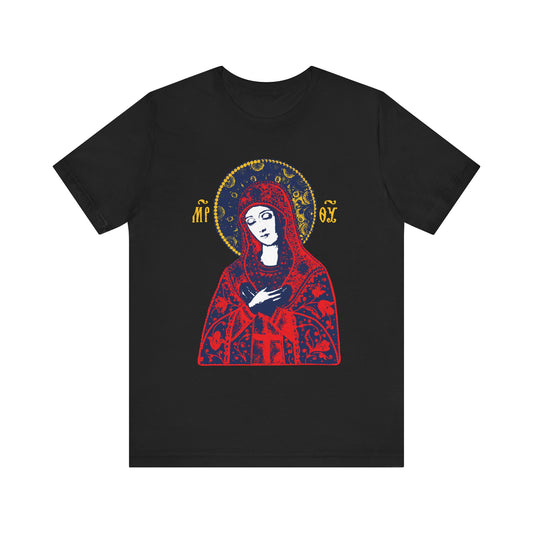 Black "Joy of All Joys Tenderness Theotokos" unisex t-shirt featuring a classic Orthodox icon-style woman in red and blue robe with gold halo, inspired by traditional Christian iconography. Lightweight cotton.