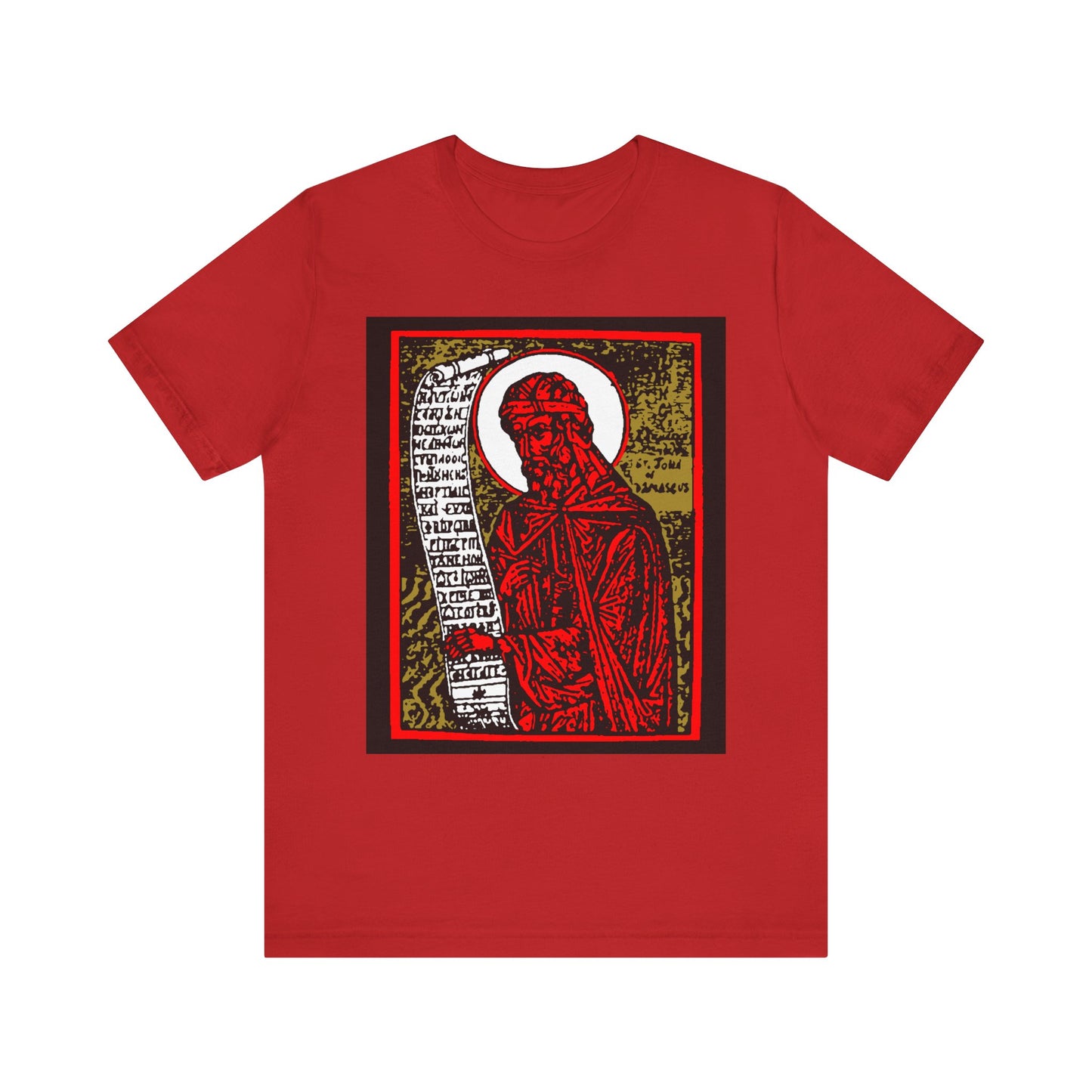 St. John of Damascus Icono-Graphic | Orthodox Christian Saint | Red Gold & Black High Contrast Design | Lightweight Cotton Unisex Tee