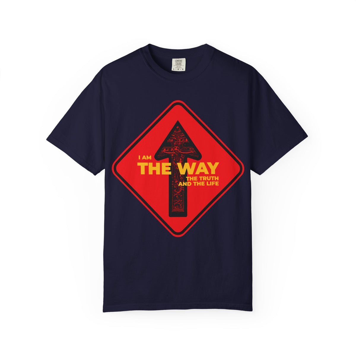 True Navy heavyweight cotton unisex tee, featuring a street sign “One Way” arrow and crucifix design with the text: Am the Way, the Truth and the Life—highlighting John 14:6 and underscoring that Jesus is the way, the truth, and the life. Orthodox Christian style.
