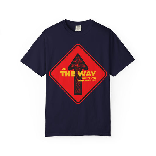 True Navy heavyweight cotton unisex tee, featuring a street sign “One Way” arrow and crucifix design with the text: Am the Way, the Truth and the Life—highlighting John 14:6 and underscoring that Jesus is the way, the truth, and the life. Orthodox Christian style.