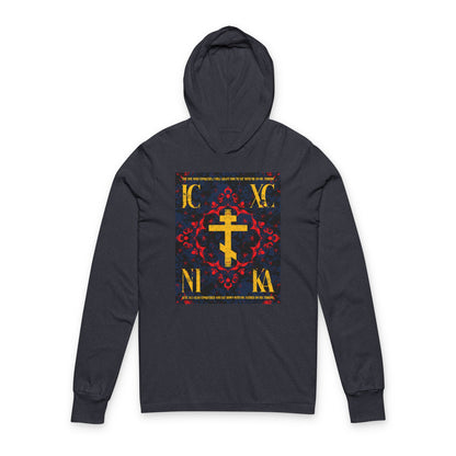 IC XC NIKA Orthodox Cross | Medieval Floral Design | The One Who Conquers (Revelation 3:21) | Orthodox Long Sleeve Hooded Shirt