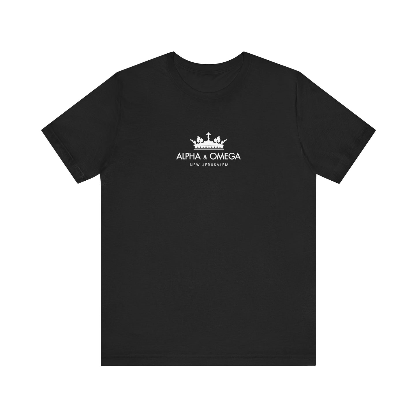Black “Alpha & Omega New Jerusalem Crown with Orthodox Cross” t-shirt, lightweight cotton unisex design, features a crown graphic and text on the chest. Color: Black. Inspired by Revelation and the Second Coming.