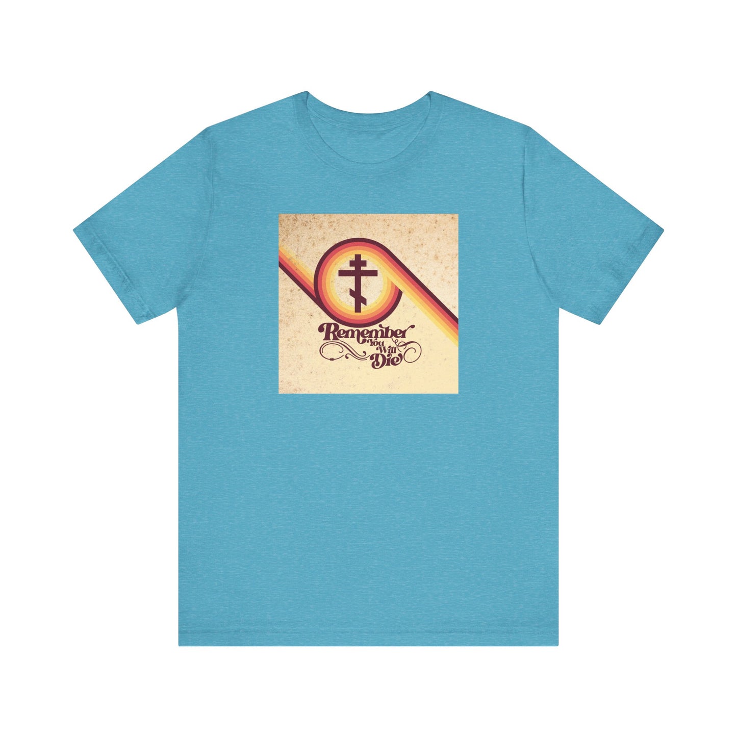 Heather aqua t-shirt featuring a cross and the words "Remember His Love" in vintage script on the front, inspired by the parable of the rich fool (Luke 12:16-21), from the Remember You Will Die 70s Aesthetic | Memento Mori | Orthodox Christian Lightweight Cotton Unisex Tee collection.
